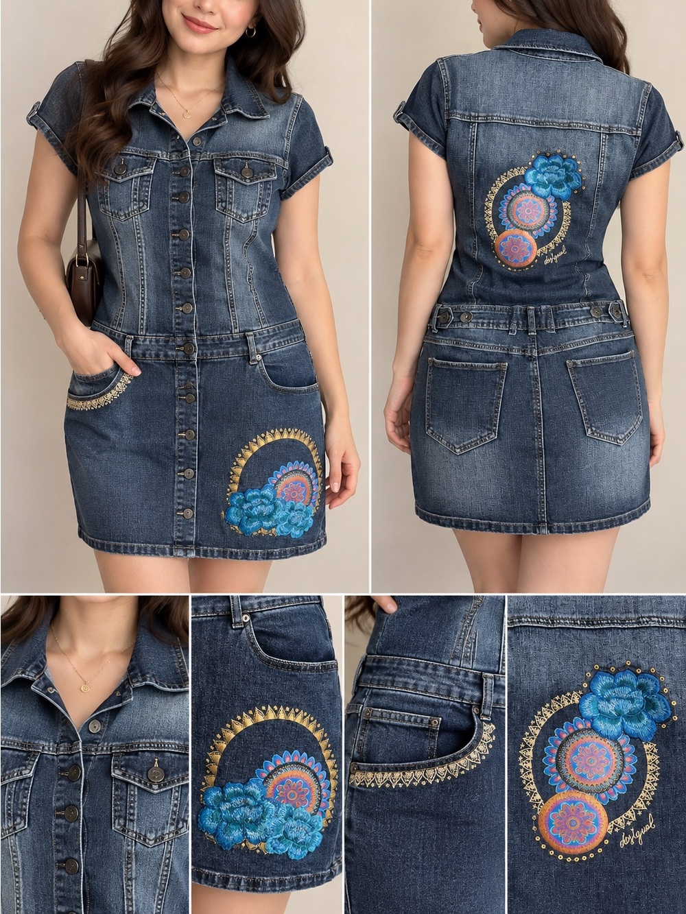 Denim Embroidered Shirt Dress with Blue Floral Motif